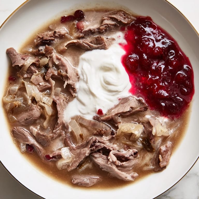 Close-up of a steaming Finnish Reindeer Stew, with mashed potatoes and bright red lingonberry topping.