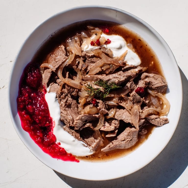 Tender reindeer meat slow-cooked in a Finnish Reindeer Stew, served with tart lingonberries, a classic.