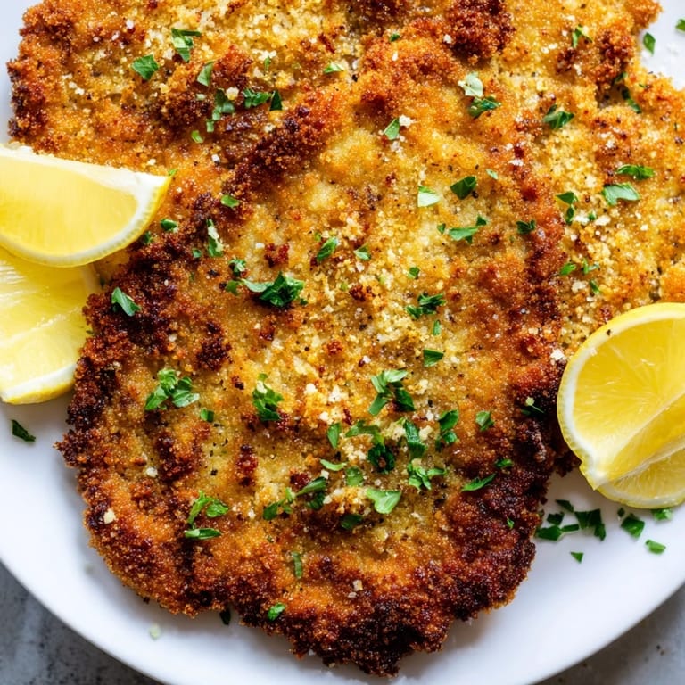 A plate of fried German Schnitzel, perfectly breaded, offering a wonderful crunch with tender meat.