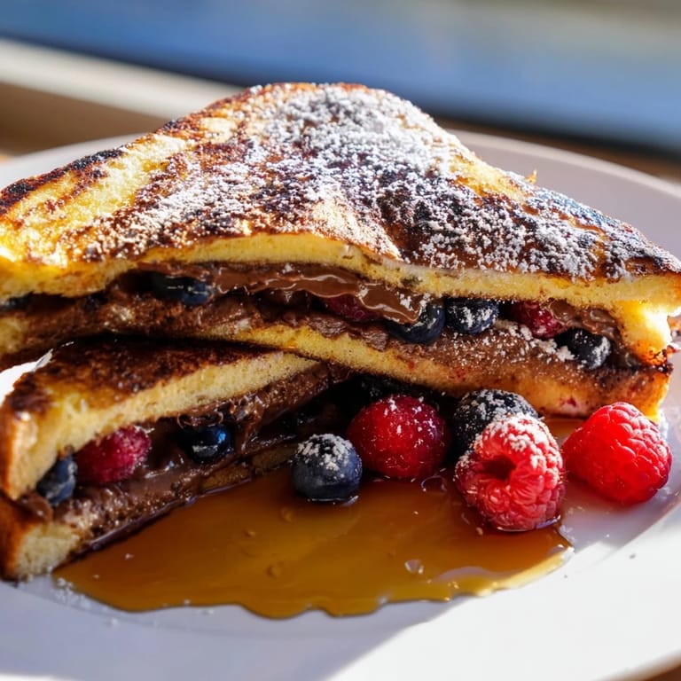 Pan-fried Nutella Brioche French Toast served with maple syrup and fresh berries for brunch.