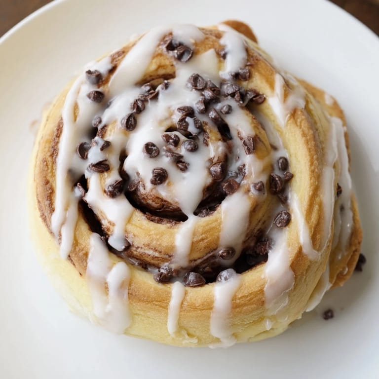 Freshly glazed Nutella Chocolate Chip Rolls on a rustic wooden board, their soft cinnamon dough and melted filling perfect for a cozy morning coffee.