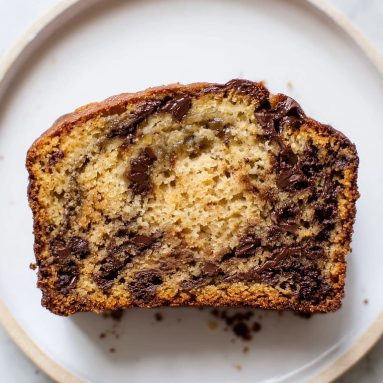 Sliced Banana Bread loaf with nuts and chocolate chips, served warm on a wooden board.