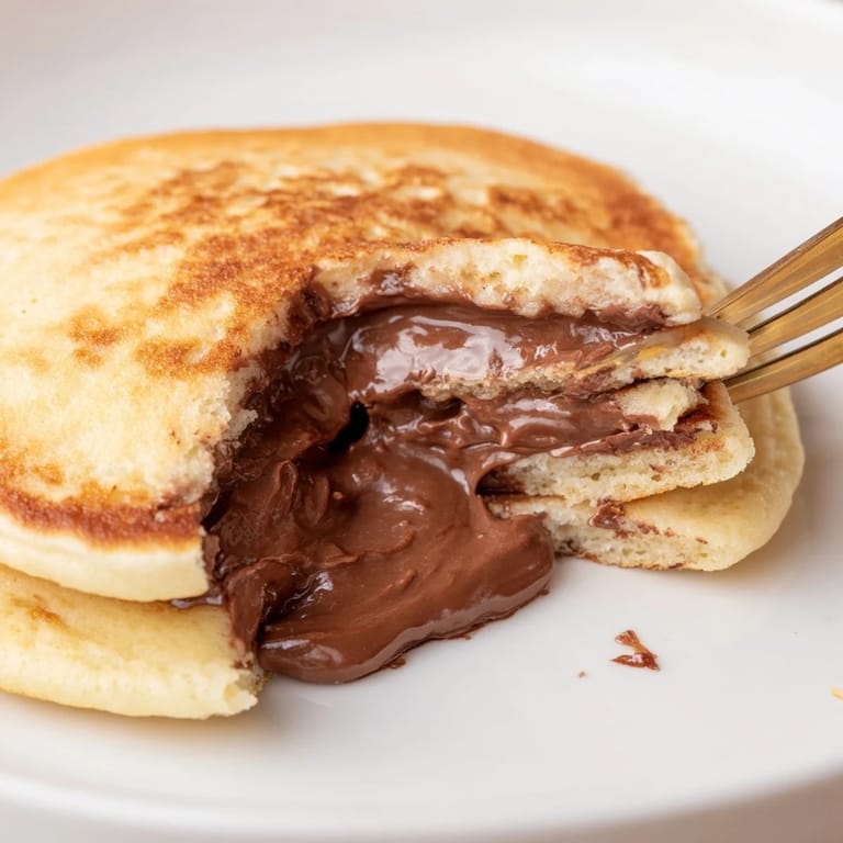 A single Nutella Stuffed Pancake cut open to reveal the gooey, warm chocolate filling inside.