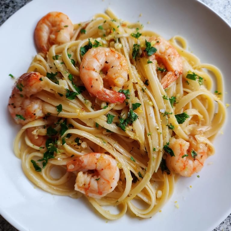 Garlic Butter Shrimp Linguine served in a skillet with al dente pasta and sautéed shrimp.