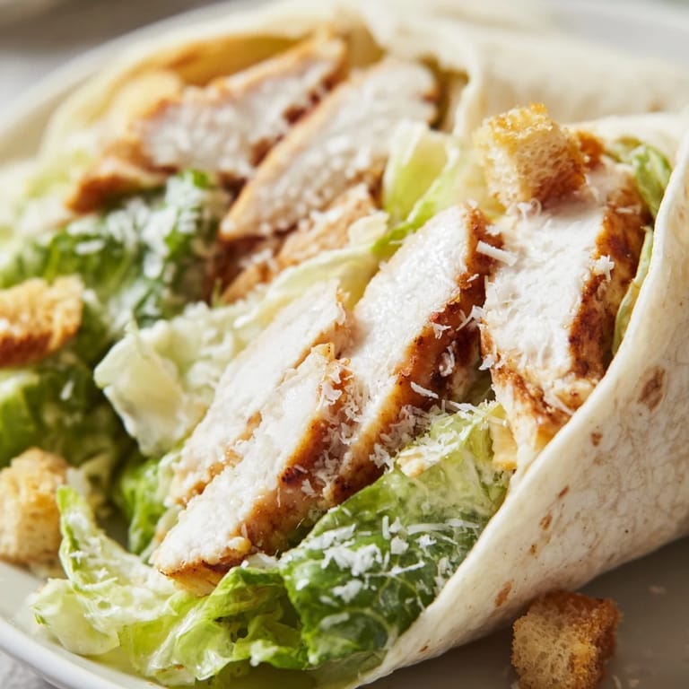 This savory Caesar Chicken Salad Wrap offers a perfect handheld lunch, featuring creamy dressing and freshly ground black pepper.  