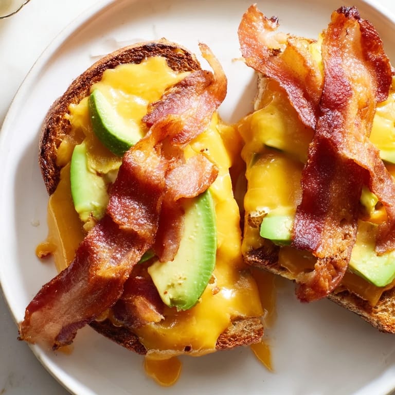A close-up of the Avocado BLT Grilled Cheese reveals gooey melted cheese oozing from toasted bread, layered with bacon, tomato, and avocado.  