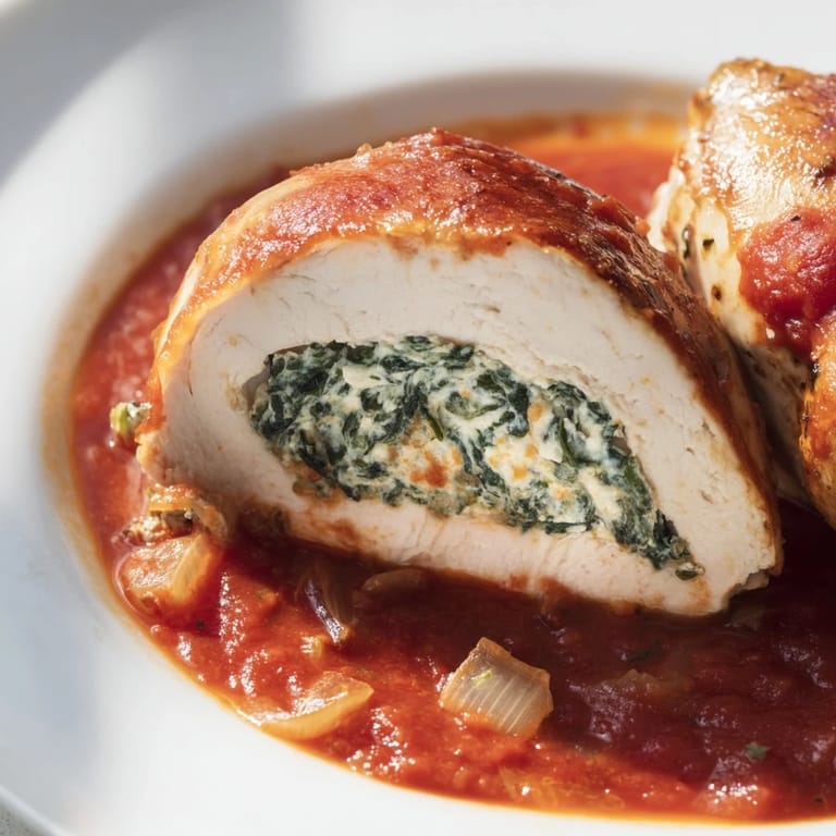 Juicy Spinach Ricotta Stuffed Chicken with melted Parmesan topping, resting in a skillet with vibrant red tomato sauce.