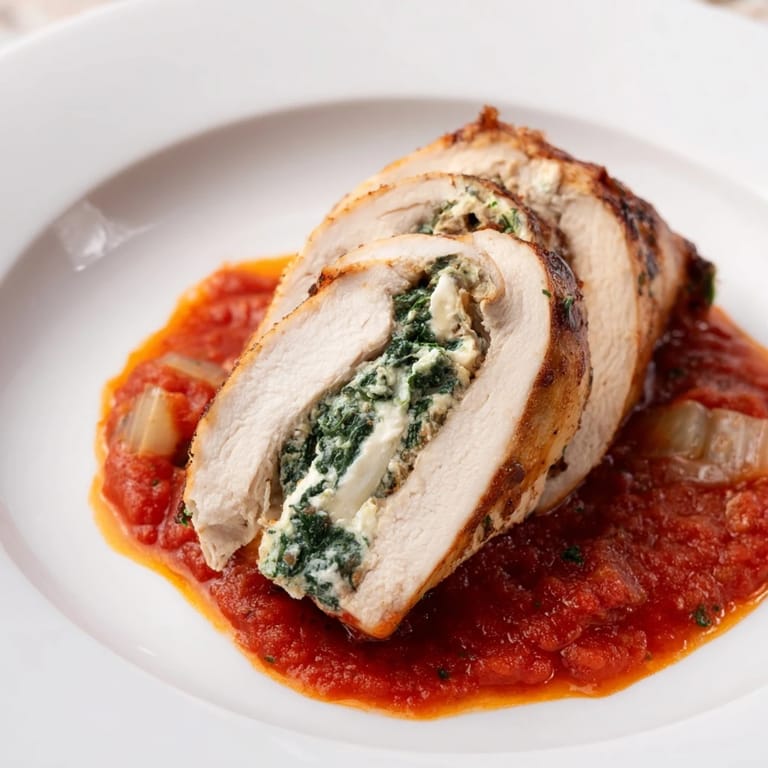 Spinach Ricotta Stuffed Chicken breasts sliced open to reveal creamy green spinach and ricotta filling inside.