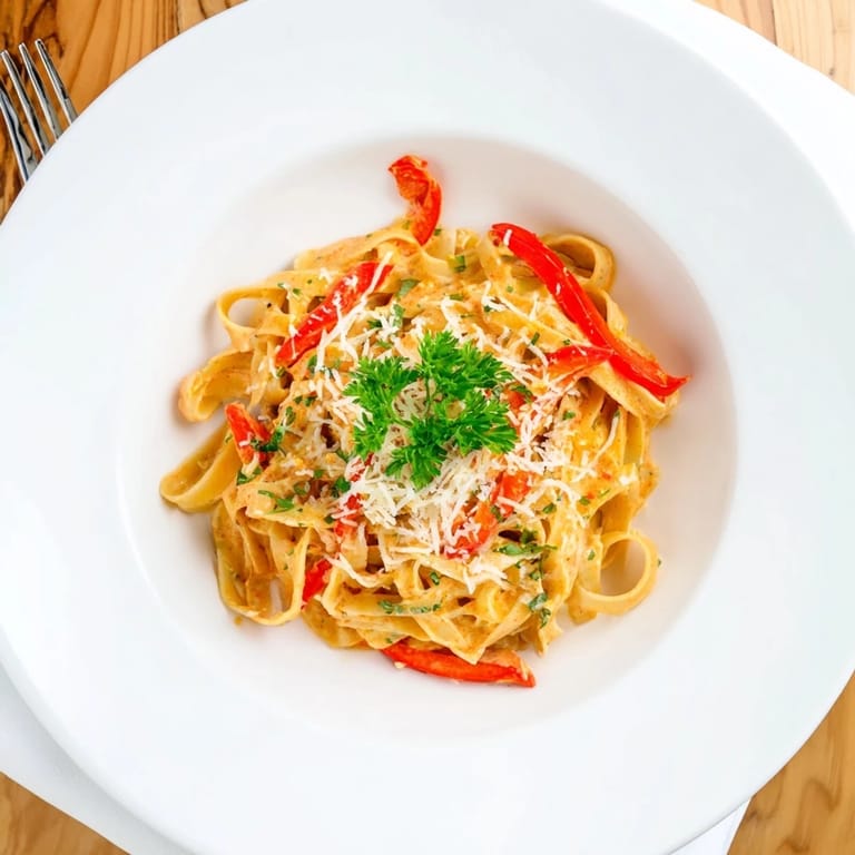 Serving of Creamy Cajun pasta with roasted bell peppers and a drizzle of heavy cream sauce.
