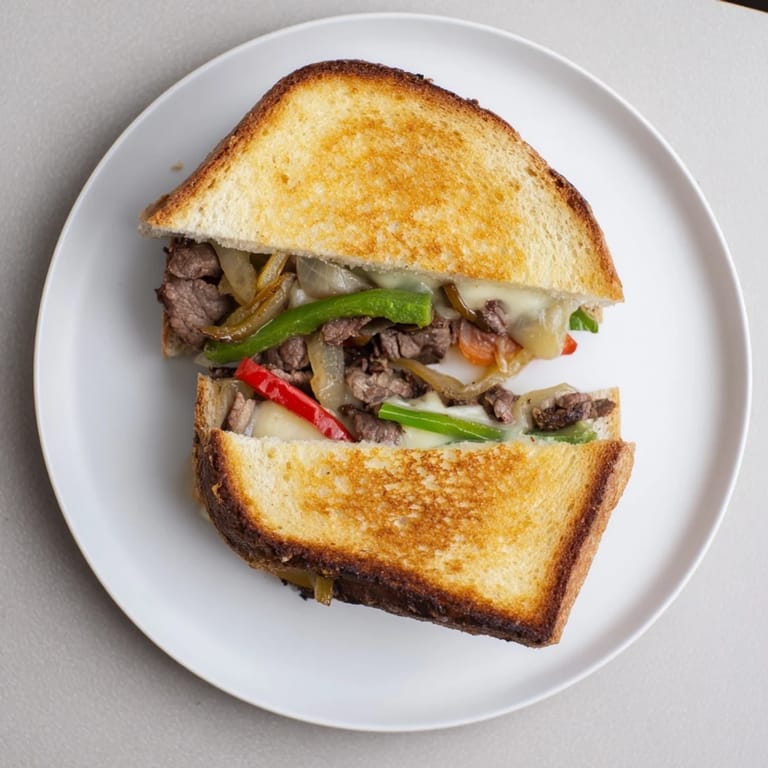 Close-up of juicy ribeye steak strips and caramelized onions inside a toasted Philly cheesesteak grilled cheese.