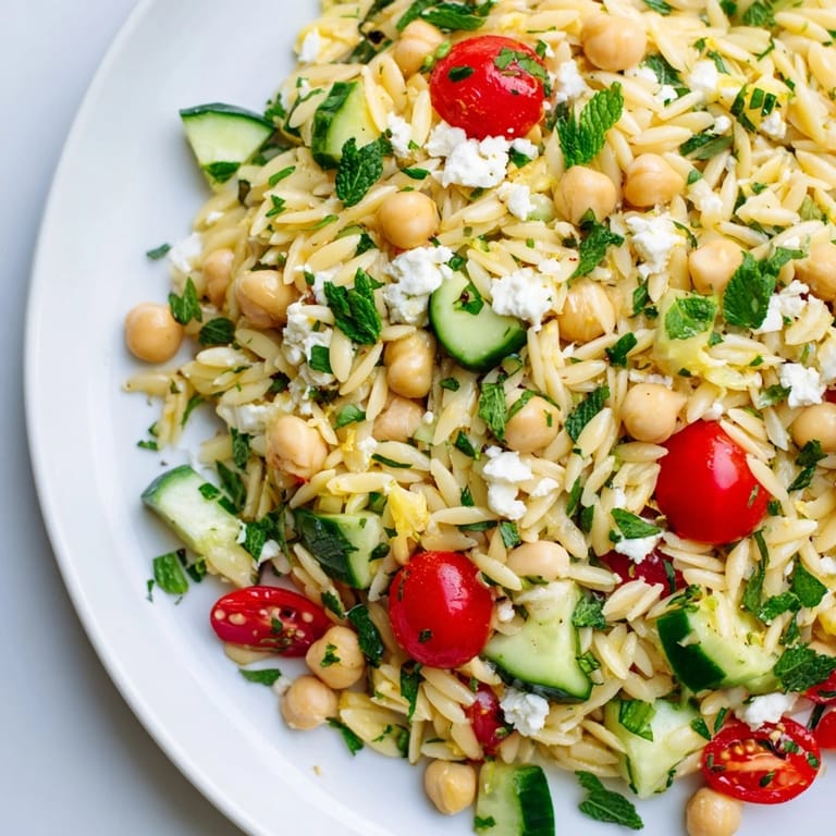 Chilled Mediterranean orzo chickpea salad with fresh parsley and mint, lemon zest, and crumbled feta, ready for a picnic or potluck side dish.