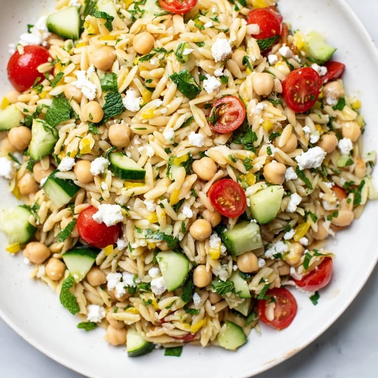 Close-up of a forkful of lemon chickpea orzo salad with cucumber, tomato, and red onion, drizzled with a vibrant olive oil lemon dressing.