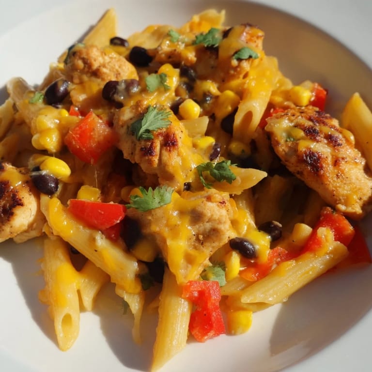 A close-up of Crispy Chicken Burrito Pasta in a skillet, showcasing melted cheddar, black beans, and corn mixed with penne noodles.