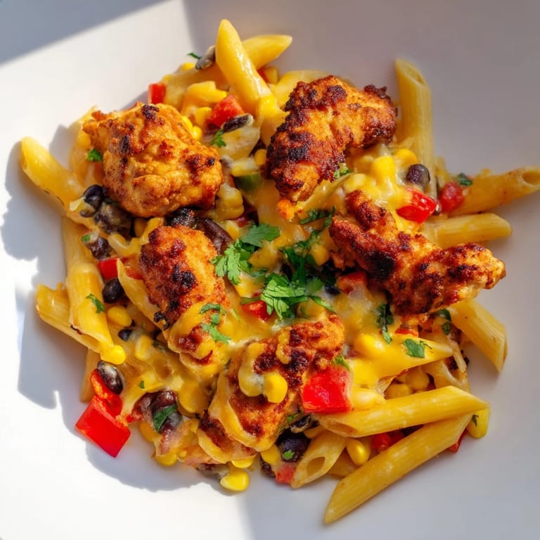 A colorful serving of Crispy Chicken Burrito Pasta garnished with a lime wedge and a dollop of sour cream for a zesty finish.