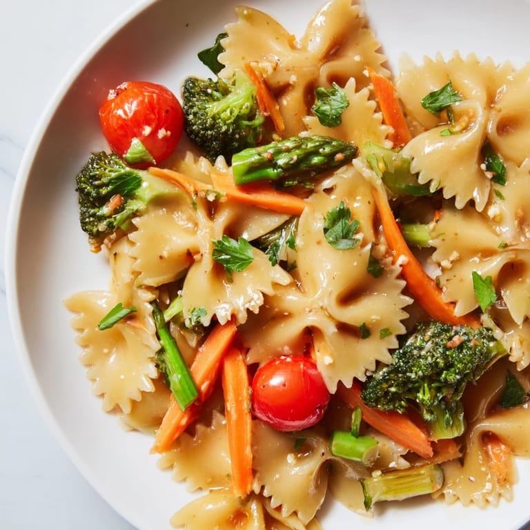 Freshly prepared Rainbow Veggie Pasta Primavera featuring crisp broccoli and carrots, garnished with basil and Parmesan for a seasonal meal.