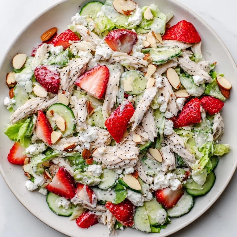 Drizzled with creamy poppy seed dressing, this Strawberry Poppy Seed Chicken Salad is garnished with crunchy toasted almonds.