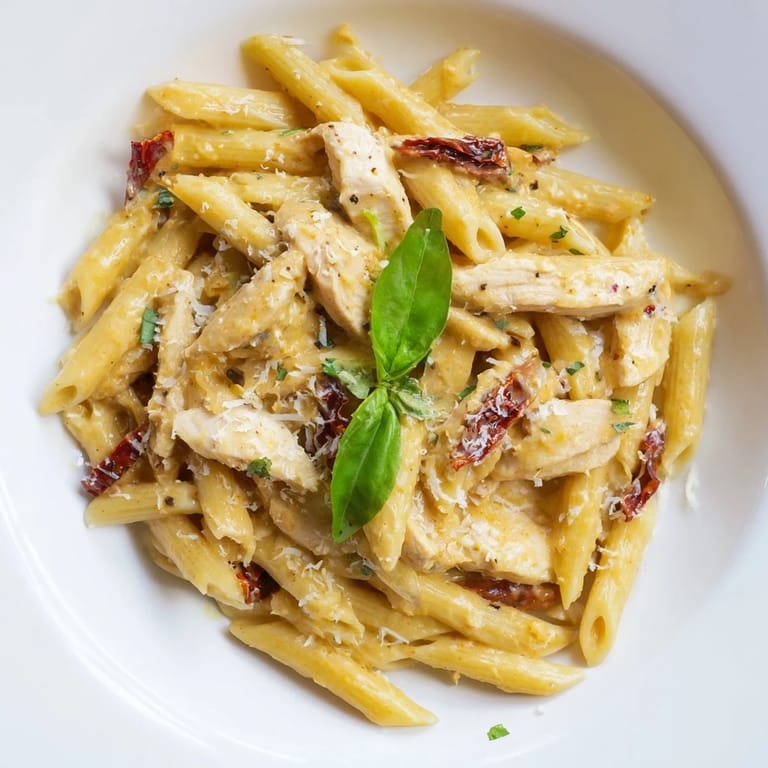 Steaming skillet of Creamy Sun-Dried Tomato Chicken Pasta featuring golden chicken and vibrant sun-dried tomatoes in every bite.