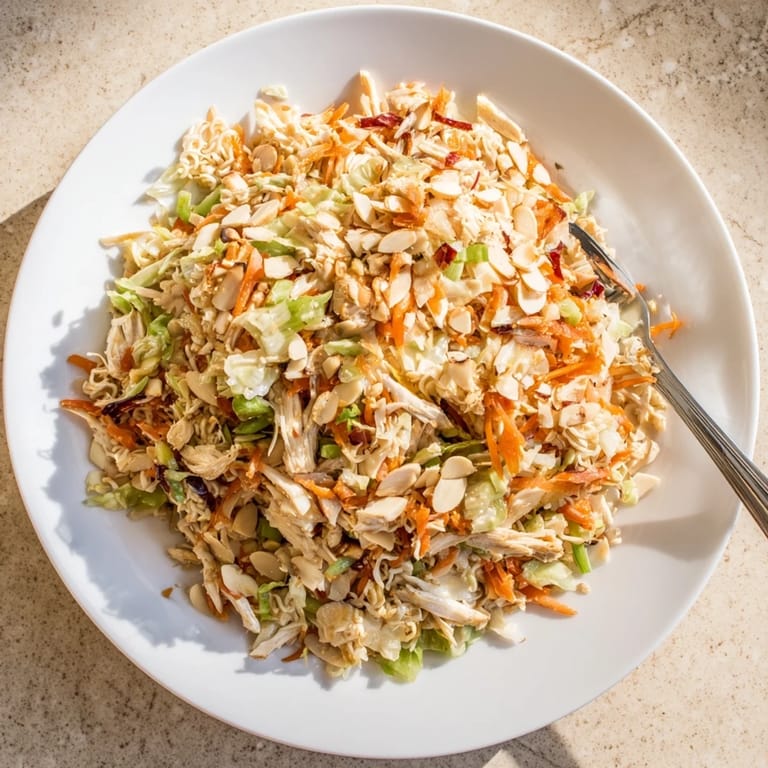 A refreshing American-Asian fusion salad featuring shredded cabbage, carrots, and crispy crushed ramen noodles, tossed with rotisserie chicken and a sweet sesame dressing.