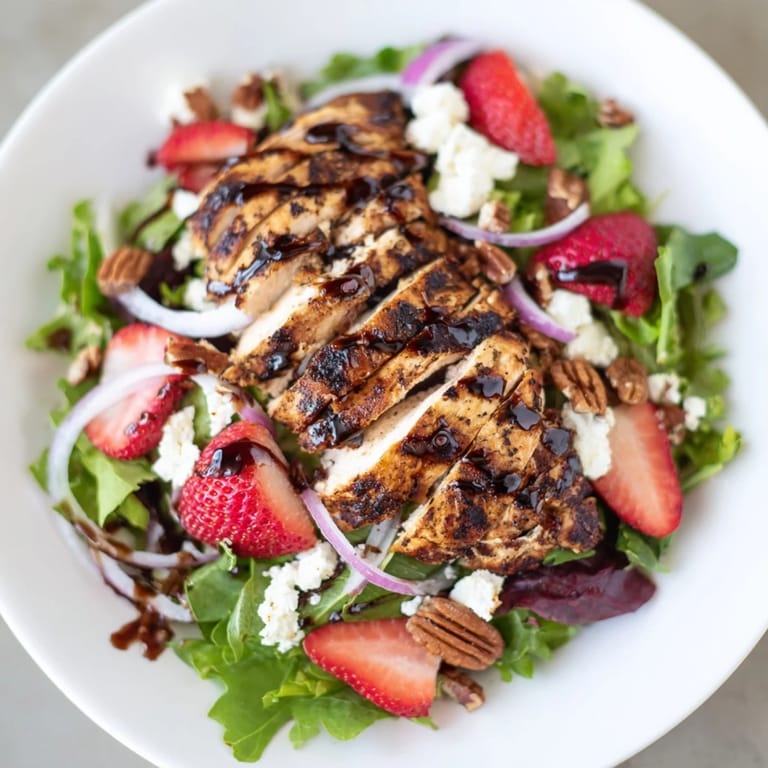 Honey Balsamic Chicken Salad served on a plate with vibrant greens, ruby strawberries, and toasted pecans for crunch.