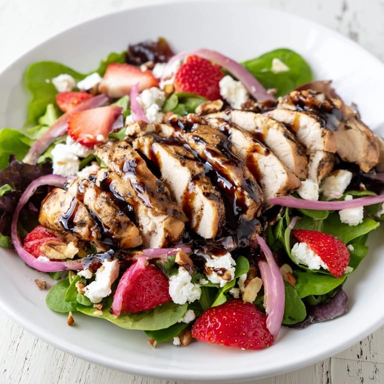Tender marinated chicken rests atop fresh mixed greens, strawberries, and goat cheese in a honey balsamic glazed salad.