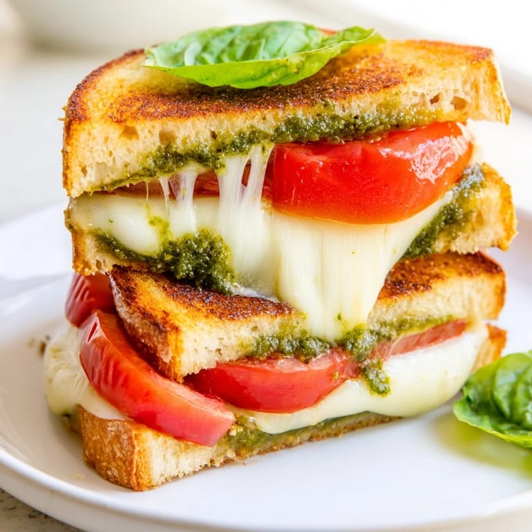 A toasted Caprese Pesto Grilled Cheese featuring melted cheese and bright tomato on buttery bread.