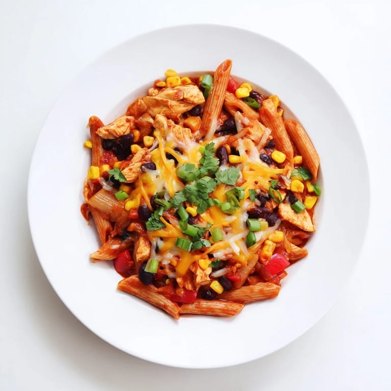 A close-up of Chicken Enchilada Pasta garnished with fresh cilantro and diced avocado.