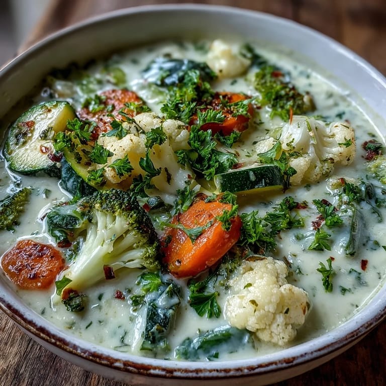 Creamy Vegetable Soup garnished with fresh parsley, served hot beside a slice of crusty bread for dipping into the rich broth.  