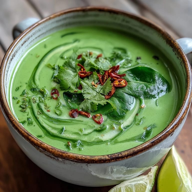 A steaming bowl of Spinach Coriander Lemongrass Soup with coconut milk, showing vibrant green color and spoon.