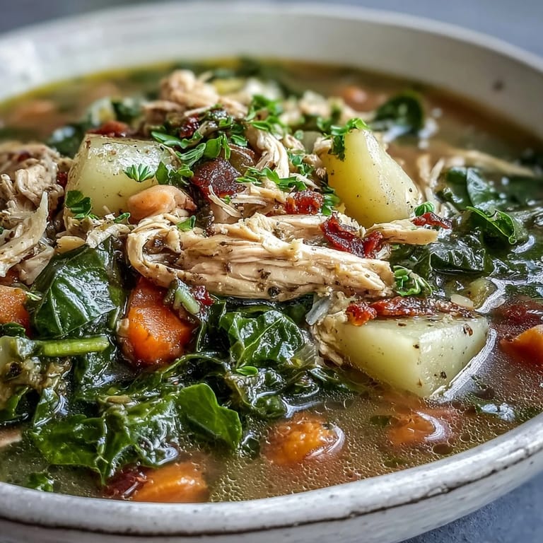 Steam rises from a ladle of Collard Greens, Chicken and Vegetable Soup, revealing shredded chicken and chopped collard greens.