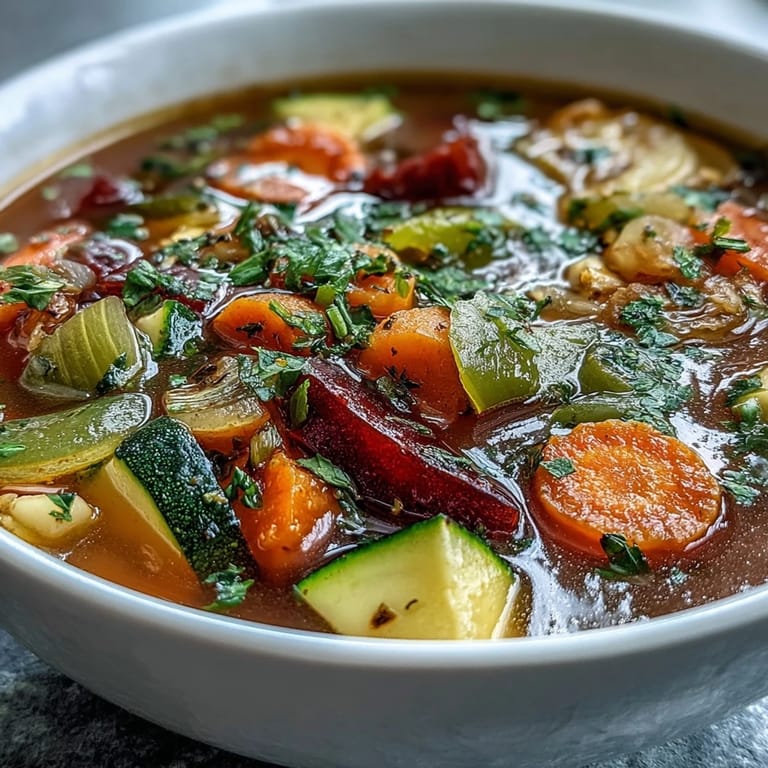 Rainbow Vegetable Detox Soup garnished with fresh parsley, served next to crusty artisan bread for a wholesome lunch.