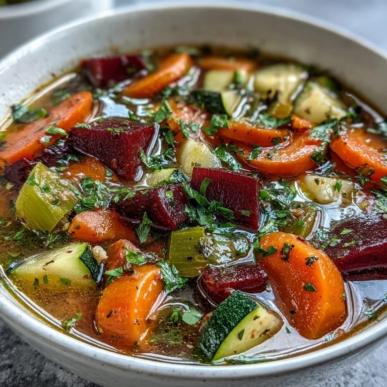 Healthy Rainbow Vegetable Detox Soup in a rustic bowl, showcasing tender diced vegetables and a rich, golden broth.