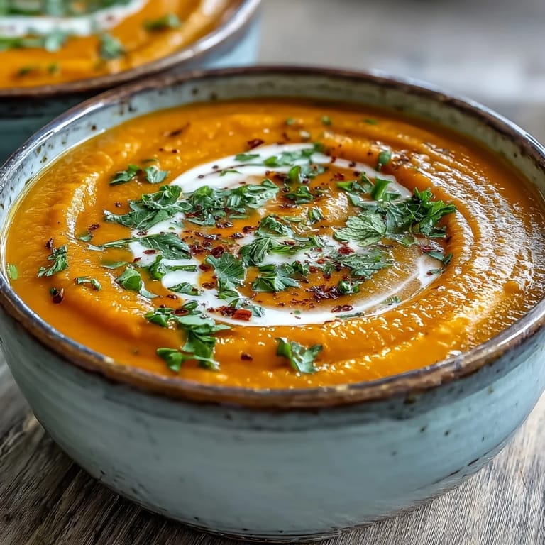 Warm Carrot, Celeriac and Chilli Soup served in a rustic bowl with crusty bread.