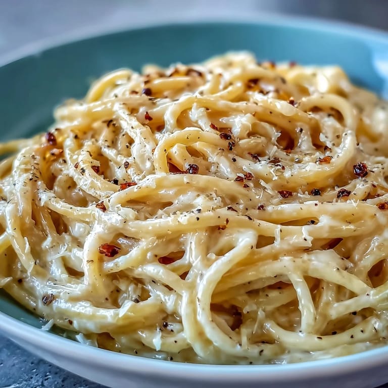 A rustic bowl of Cacio e Pepe paired with crisp white wine and crusty bread on the side.