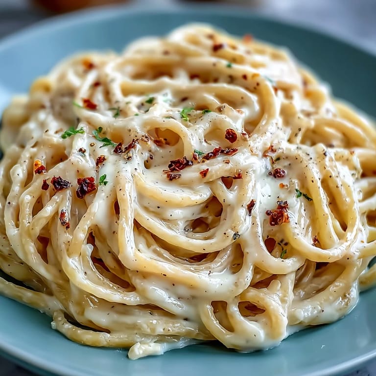 Cacio e Pepe twirled on a fork, topped with extra Pecorino Romano and cracked pepper flakes.
