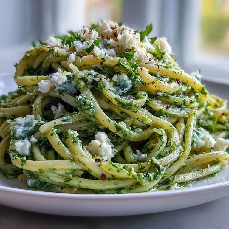 Plate of Linguine with Arugula Pesto garnished with extra Parmesan and cracked black pepper, served on a rustic table.