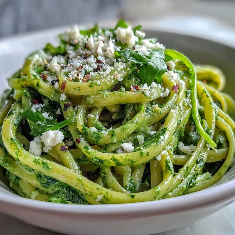Creamy nut-free Linguine with Arugula Pesto twirled on a fork, showcasing cottage cheese pesto and lemony arugula strands.