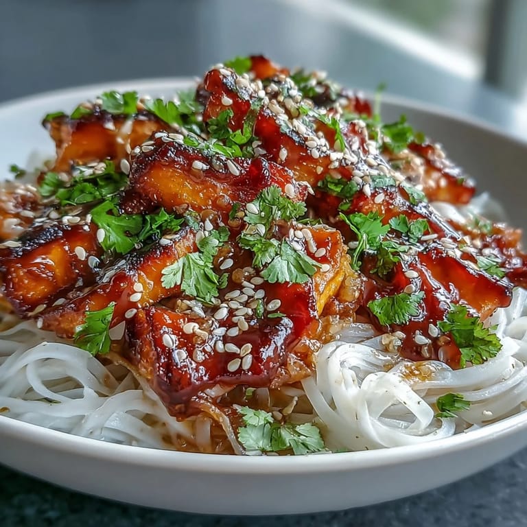 Colorful vegan rice noodles and roasted swede ribbons mixed with crunchy bean sprouts in a spicy Korean-style sauce.