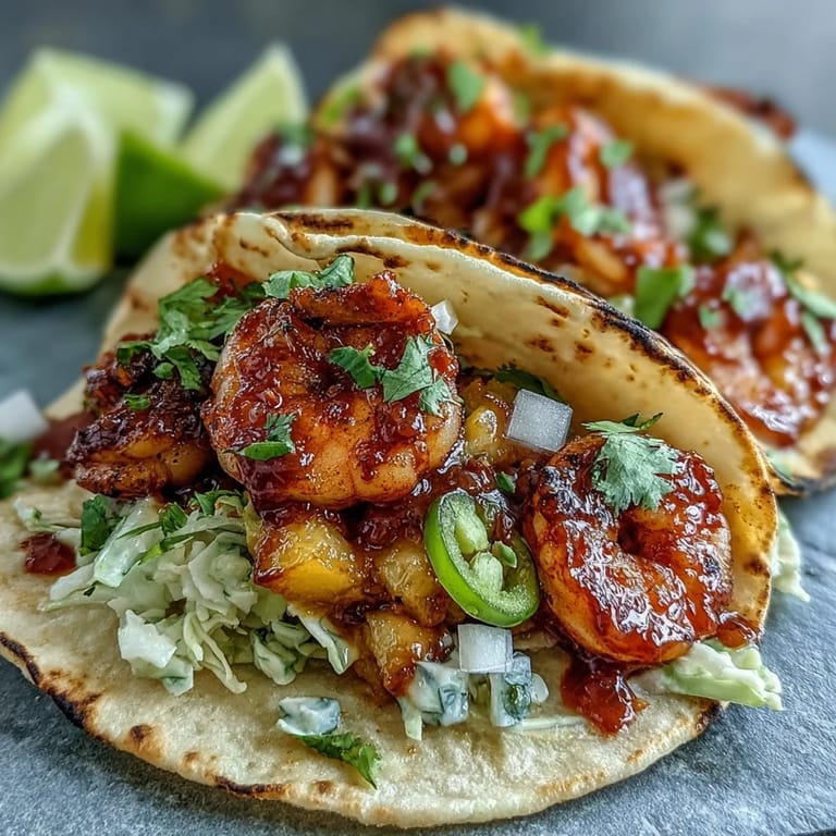 A close-up of Sriracha Shrimp Tacos with Mango Salsa, featuring juicy shrimp and vibrant fresh mango chunks.