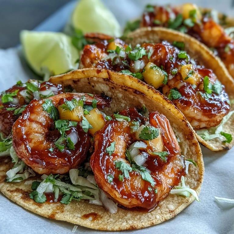 Fresh Sriracha Shrimp Tacos with Mango Salsa ready to serve, garnished with cilantro and lime wedges.