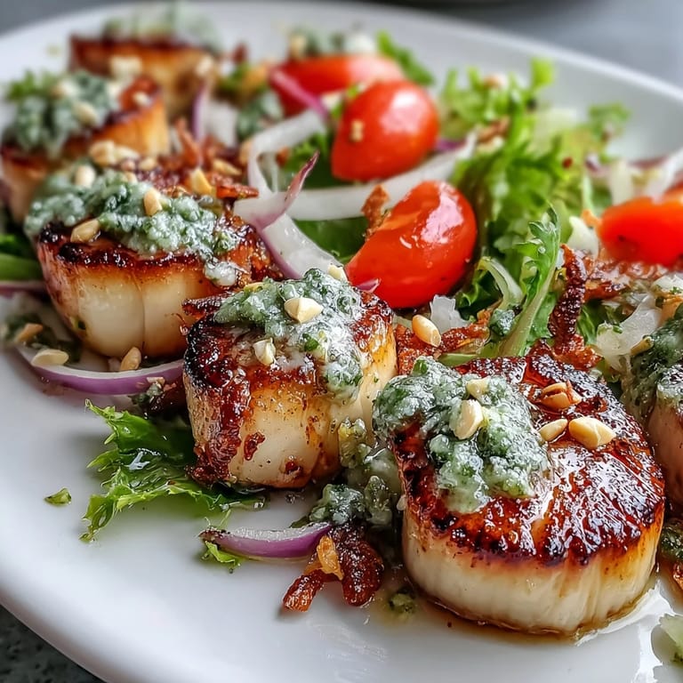 Drizzled with pesto vinaigrette, this elegant seared scallops with escarole salad and pesto vinaigrette dish is ready.
