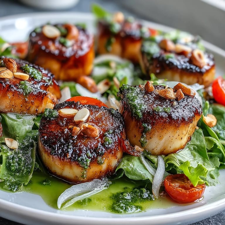 Perfect for a fast dinner, the seared scallops with escarole salad and pesto vinaigrette features toasted pine nuts.