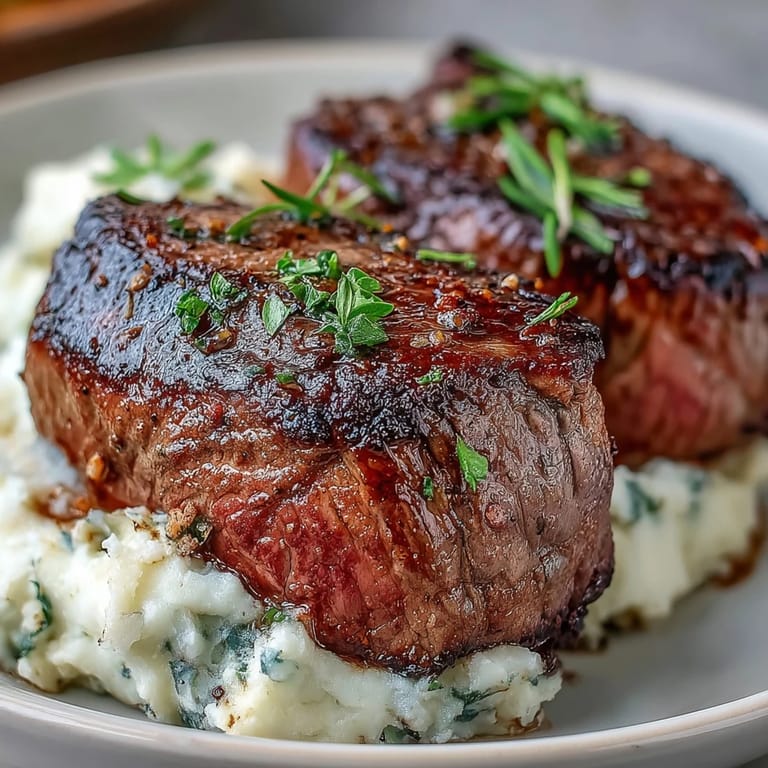 Savory venison steaks with caraway crushed swede, garnished with fresh thyme on a rustic wooden table.
