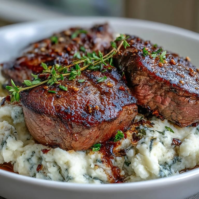 Tender venison steaks served over buttery swede mash with caraway seeds and rich red wine sauce.