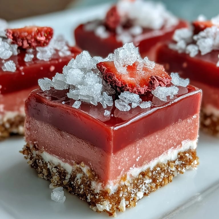 A hand lifts a creamy No-Bake Strawberry Fudge Square, revealing the pink, fudgy texture and crunchy graham base on a rustic wooden board.