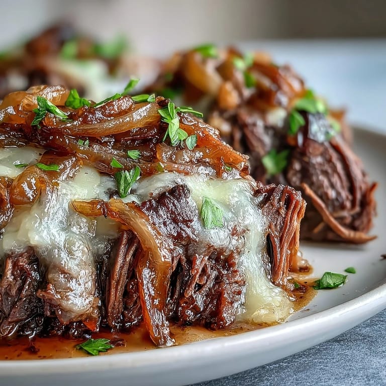 This hearty Savory Crock Pot French Onion Pot Roast releases rich, wine-infused juices and aromatic herbs in the slow cooker, ready to serve.