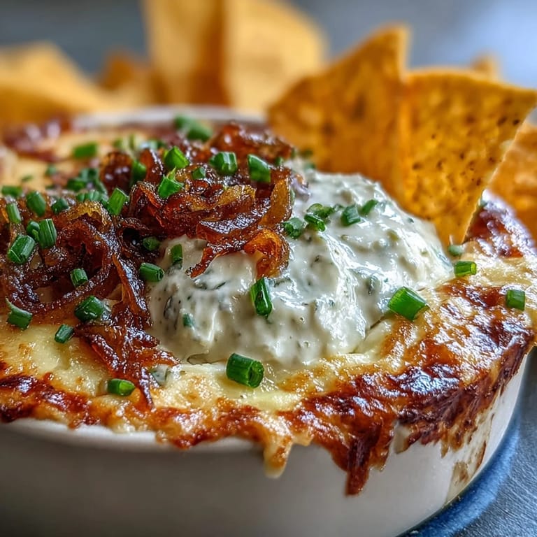 Cheesy smoked Gouda and onion dip with caramelized onions, bubbling in a dish with chives and dippers for game day.