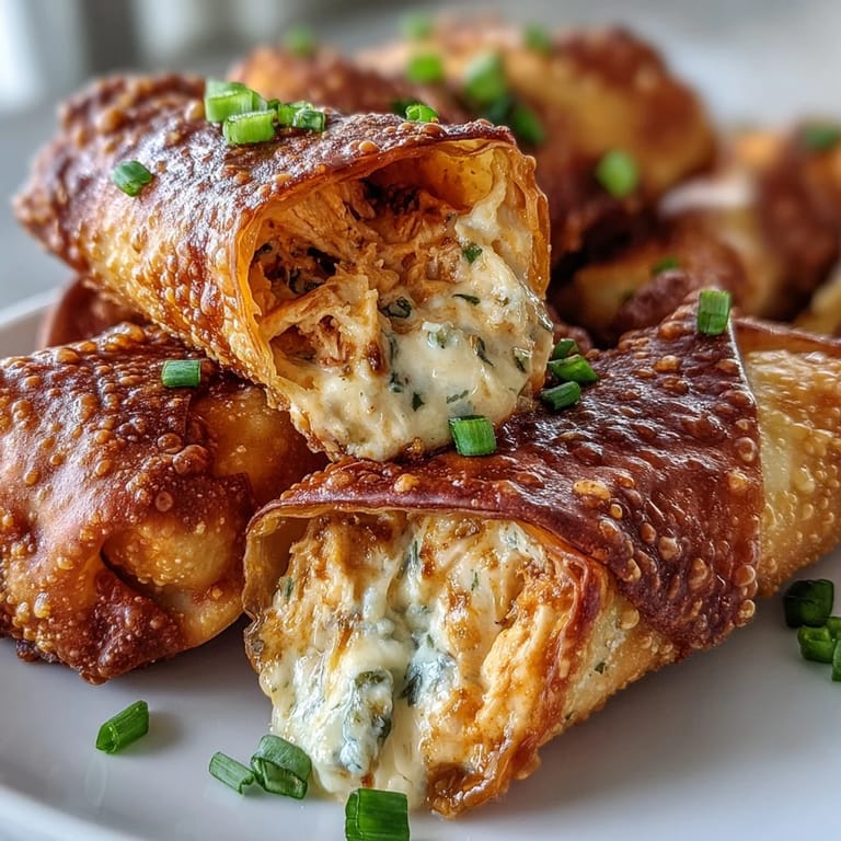 Freshly fried Buffalo Chicken Dip Egg Rolls on a wooden board, drizzled with buffalo sauce alongside carrots and ranch.
