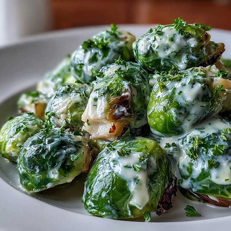 Crisp-tender Brussels sprouts in Cream Cheese-Mustard Sauce with Dijon swirls ready to be served.