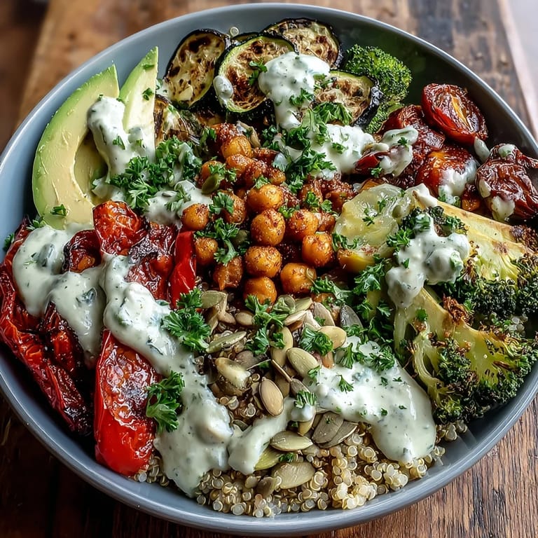 A colorful plant-based bowl featuring zucchini, bell pepper, and avocado slices, served over warm grains for a hearty meal.