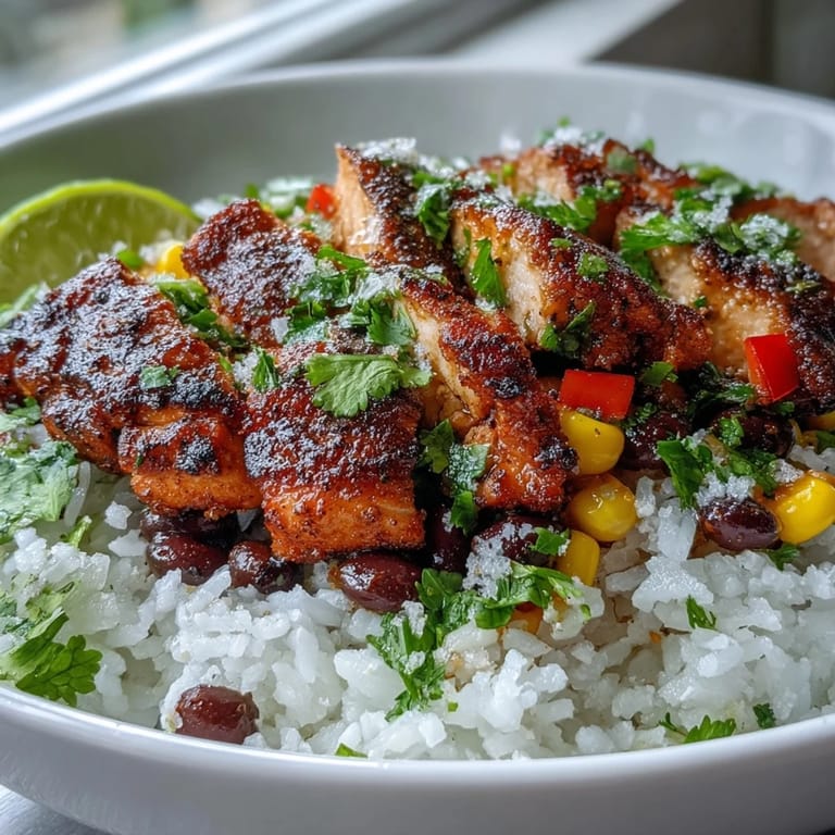 Sizzling Cajun Chicken Bowl features golden chicken on rice, bright corn, and sautéed vegetables, with lime wedges and cilantro for a fresh, Southern-inspired finish.